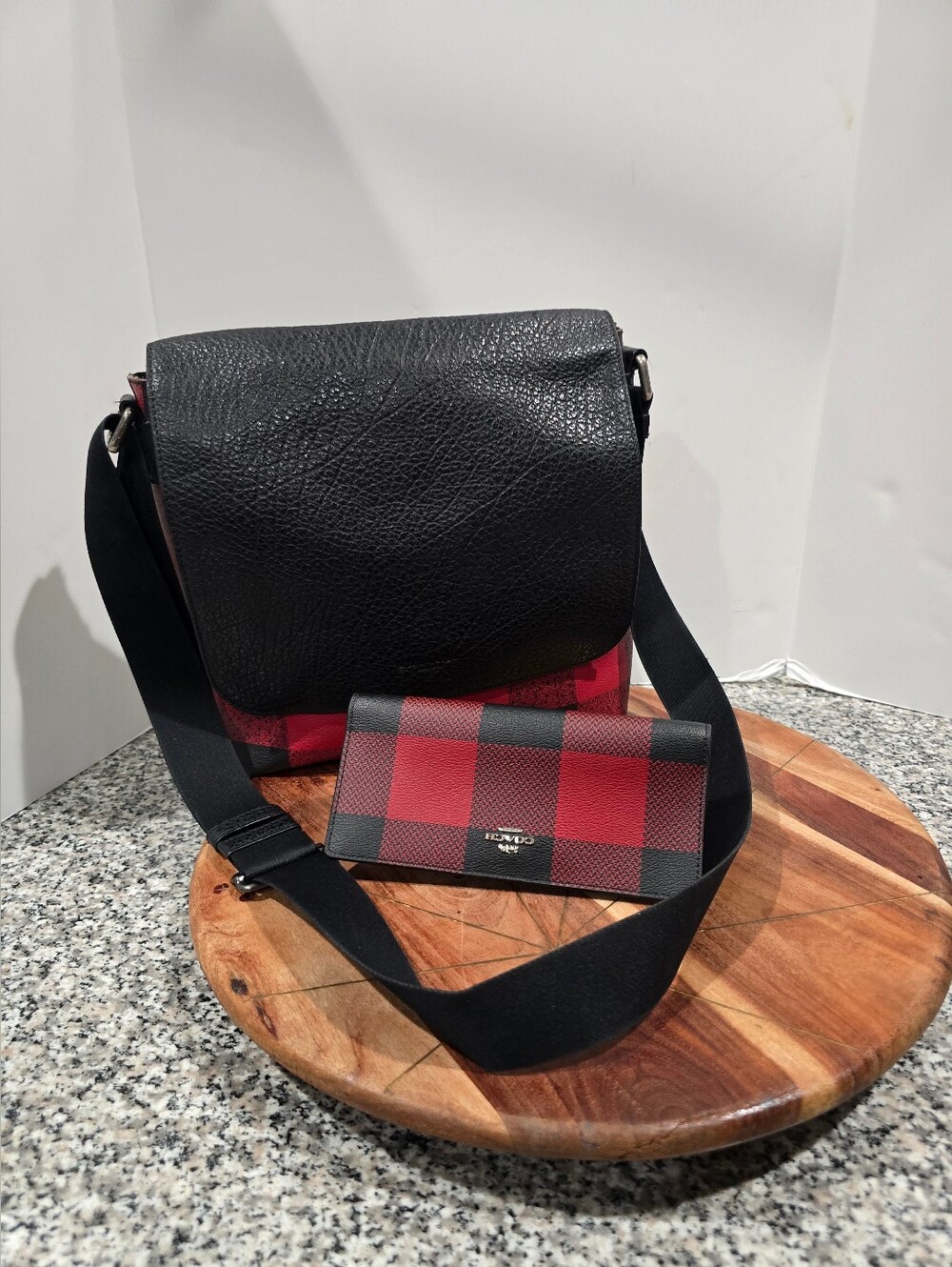 COACH Charles Red Plaid Canvas Black Leather Flap Messenger Mens Bag & Wallet